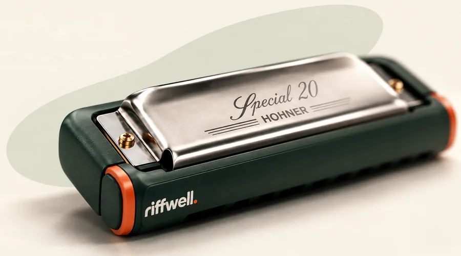 Riffwell Universal Trainer, a dark green holder with orange end caps, with a harmonica seated in it